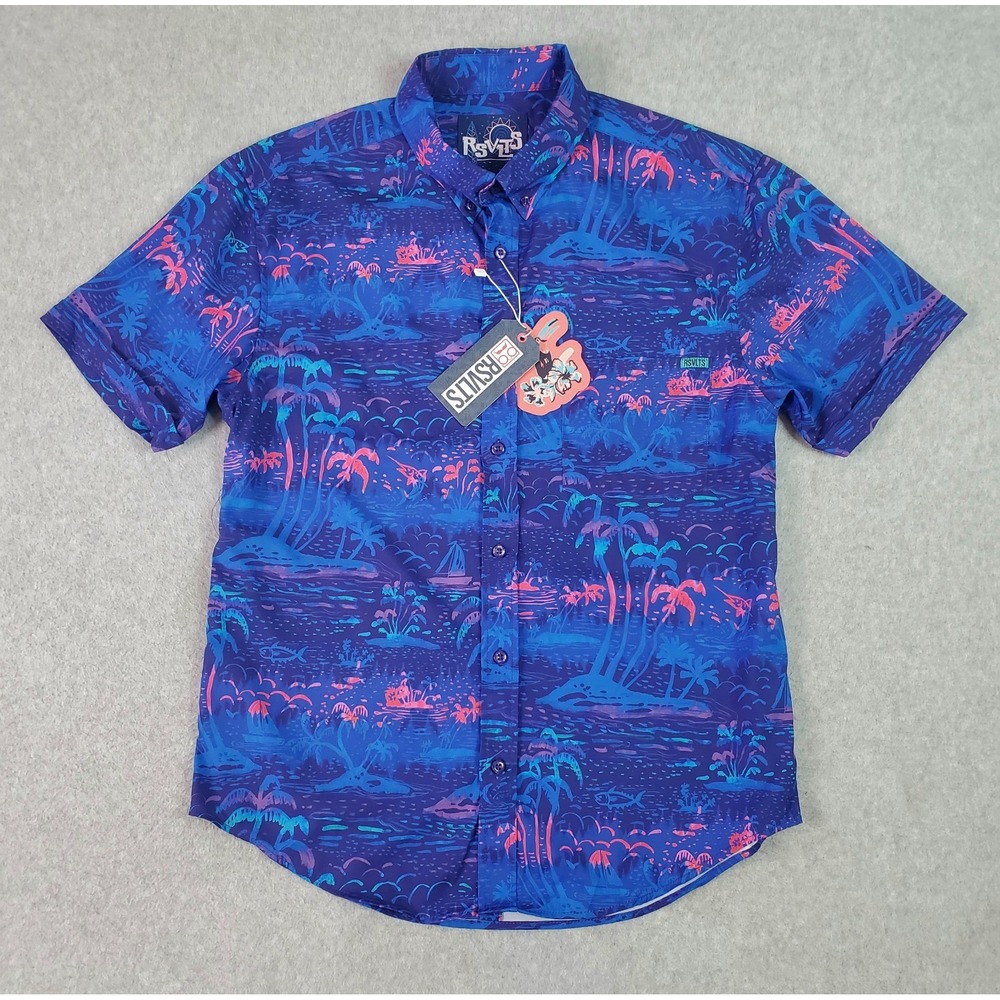 RSVLTS UV Vibin Shirt Men's Medium Surf Hawaiian Blue Multicolor S/S Button Up